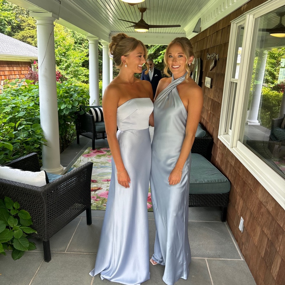 Show Me Your MuMu Jasmine Light Blue Satin Cross-Halter Maxi Dress - Picture 3 of 5